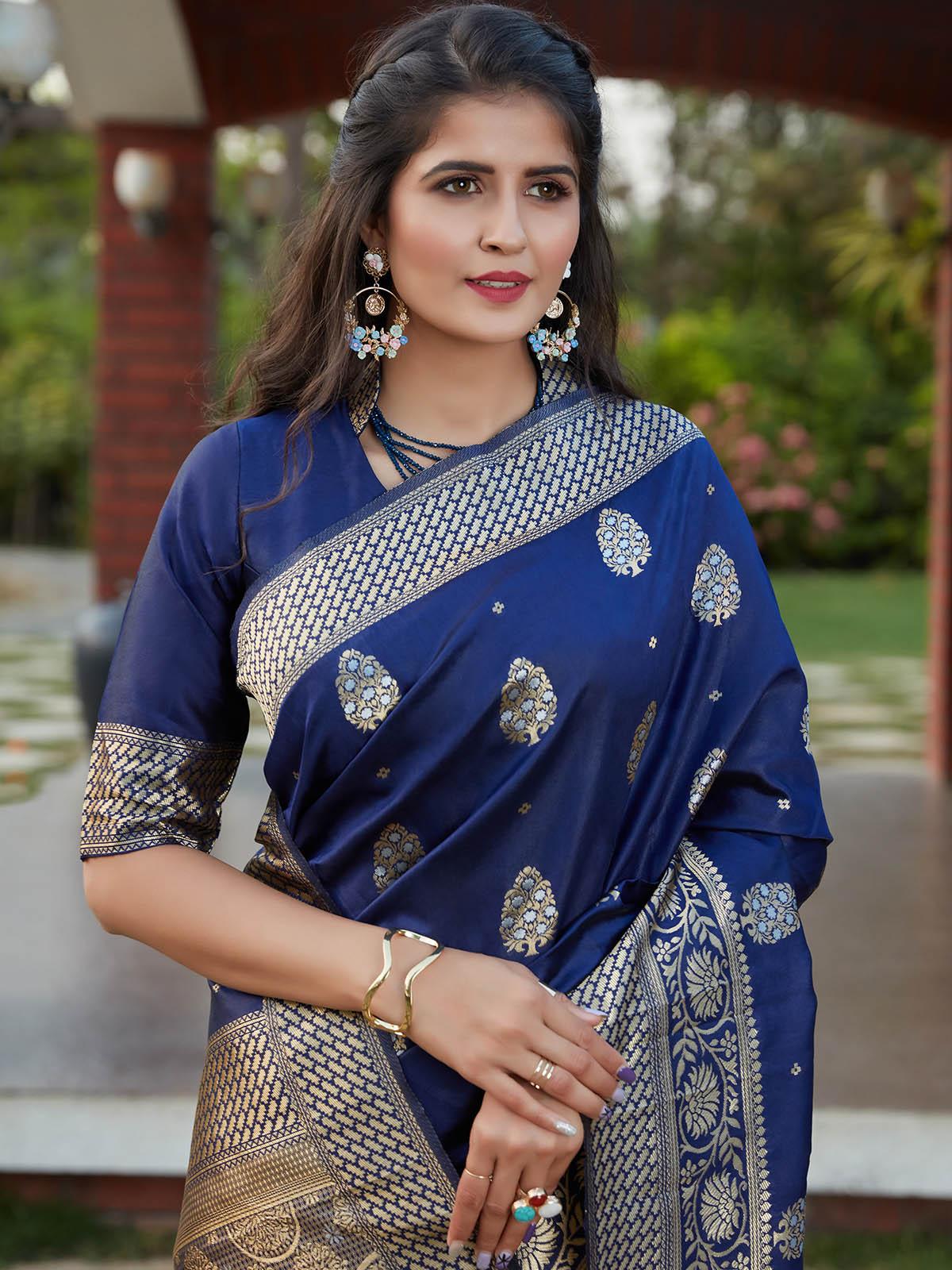 Stunning Woven Navy Banarasi Silk Saree - Rajwada