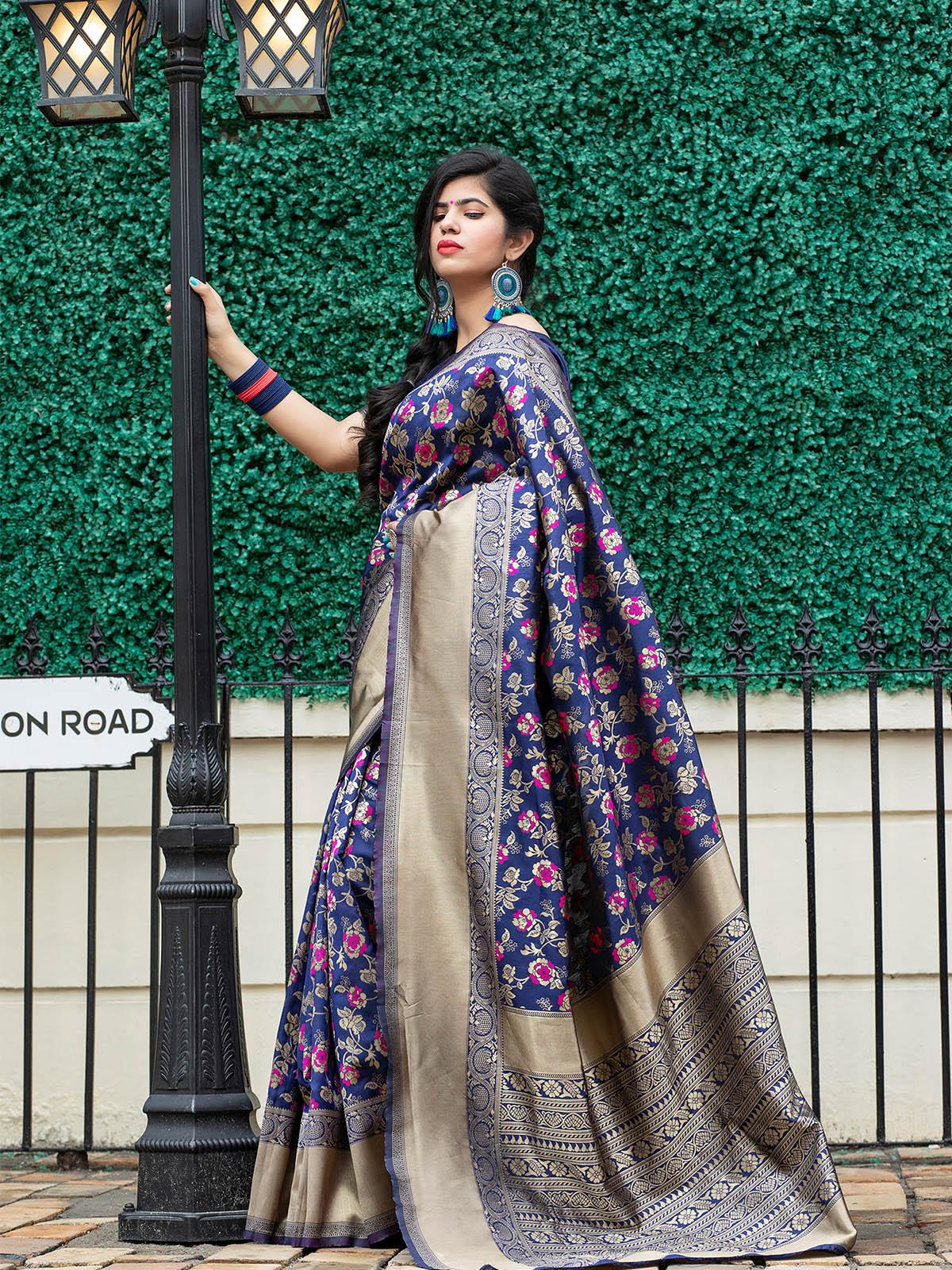 Stunning Woven Navy Banarasi Silk Saree - Rajwada