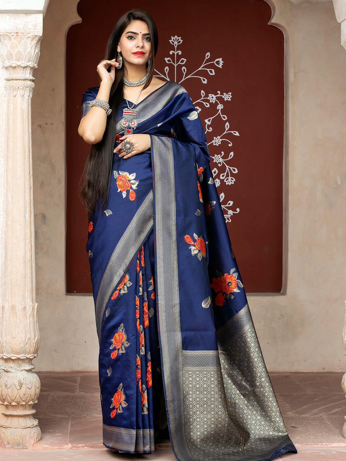 Stunning Woven Navy Banarasi Silk Saree - Rajwada