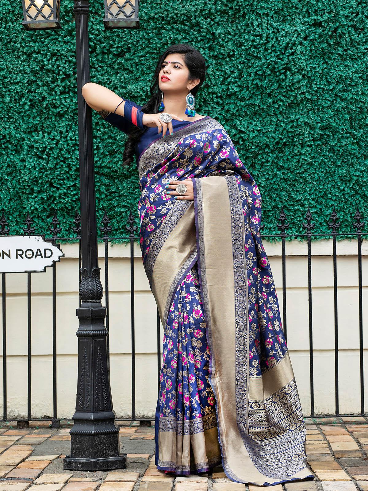 Stunning Woven Navy Banarasi Silk Saree - Rajwada