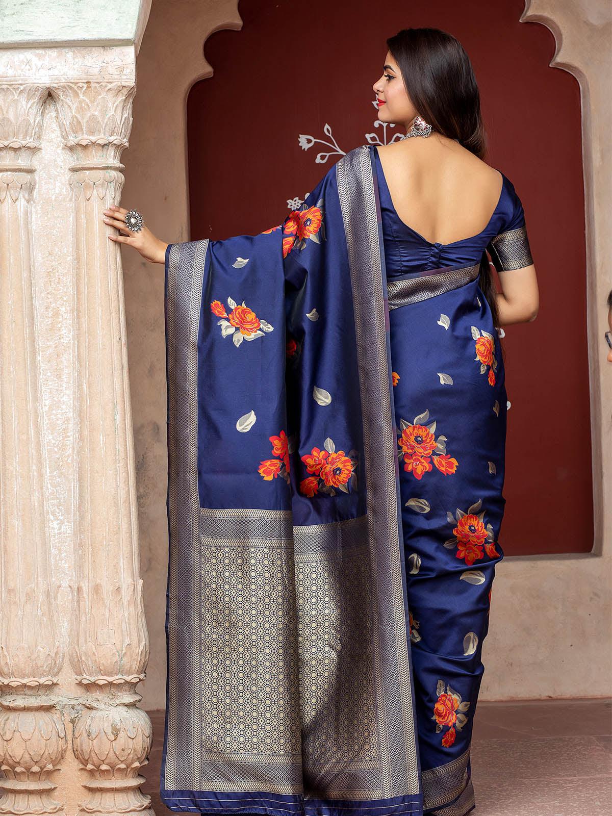 Stunning Woven Navy Banarasi Silk Saree - Rajwada