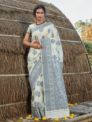 Stunning Woven Off-White Banarasi Silk Saree - Rajwada