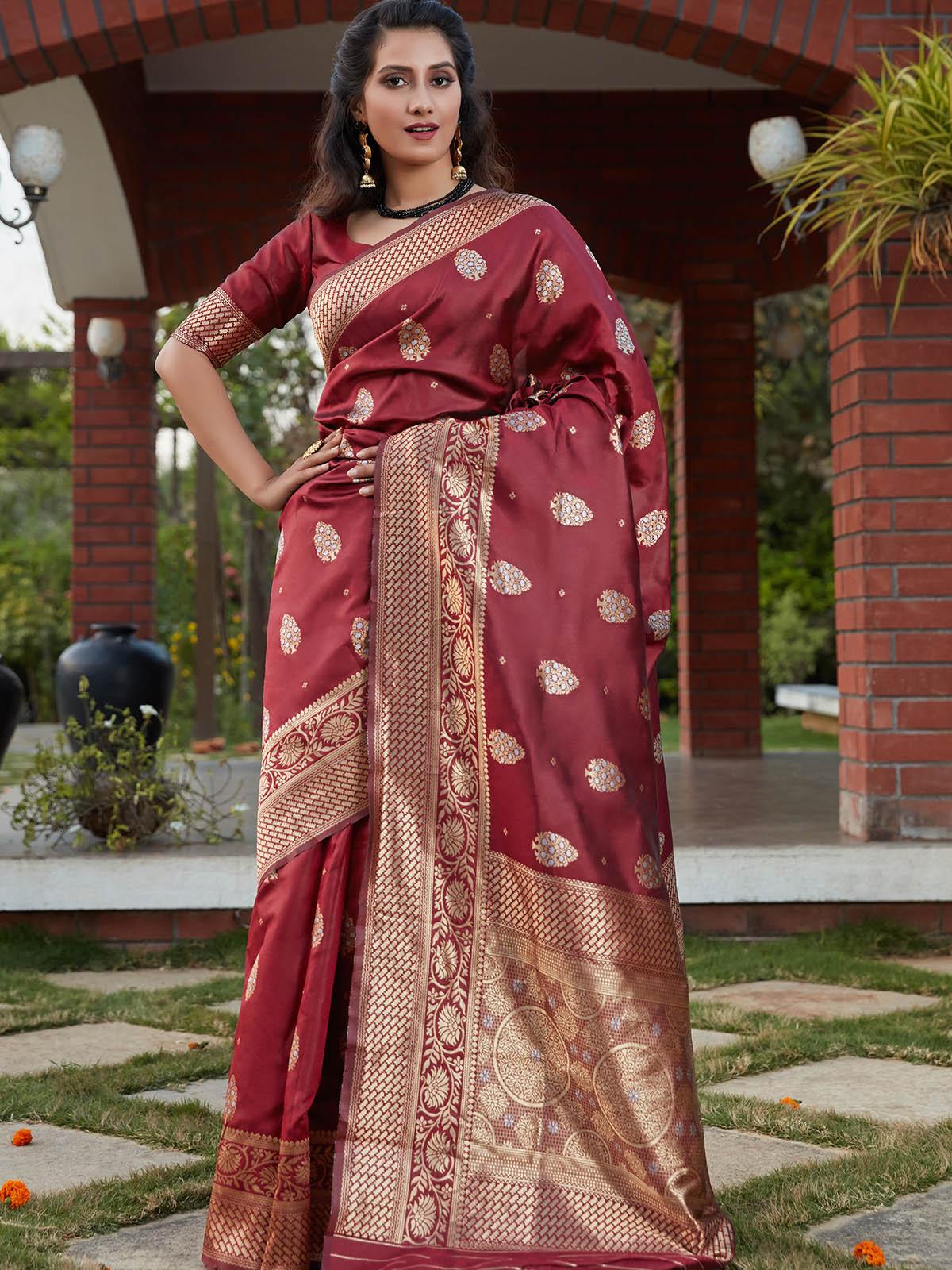 Stunning Woven Wine Banarasi Silk Saree - Rajwada