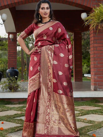 Stunning Woven Wine Banarasi Silk Saree - Rajwada