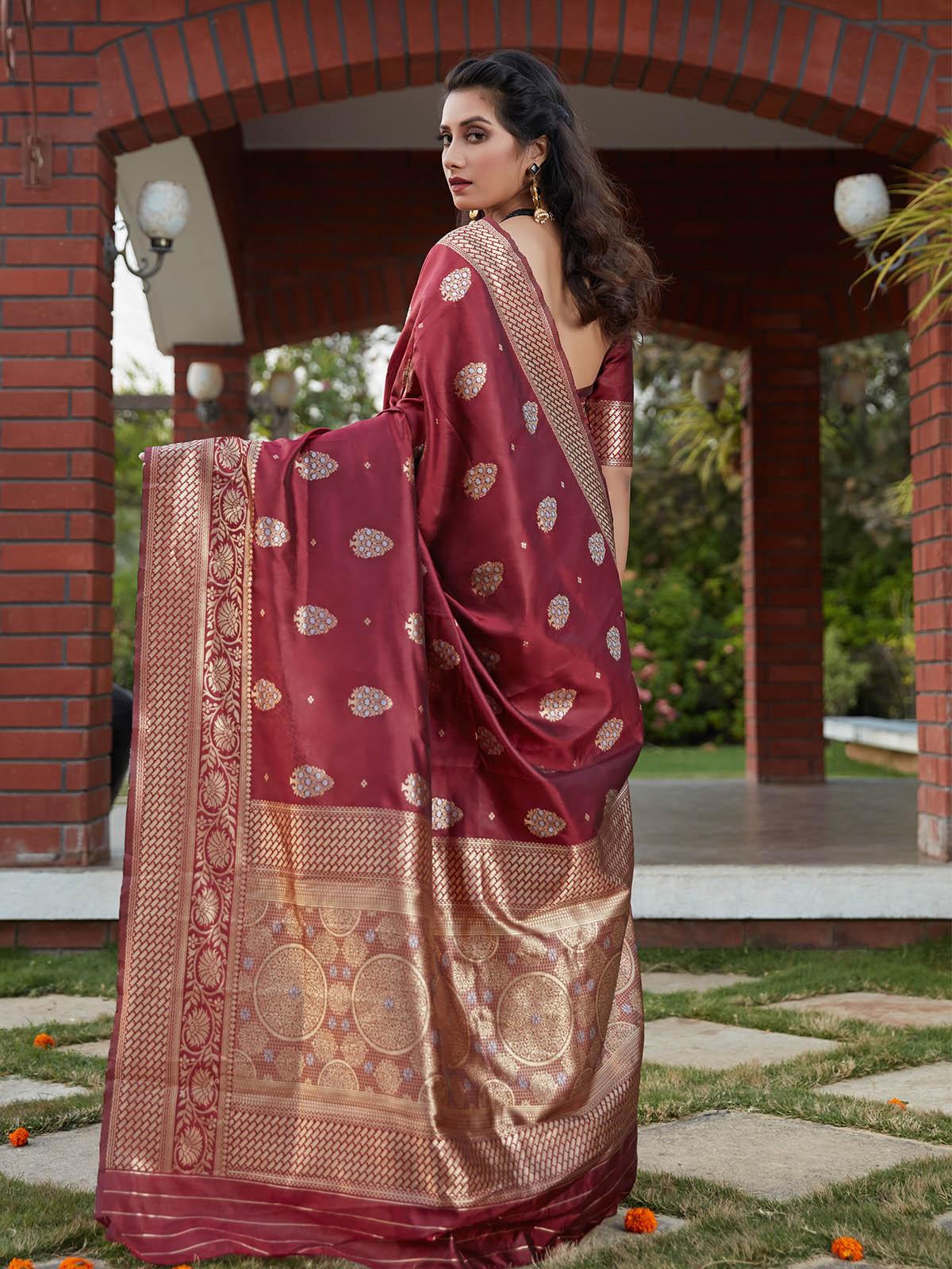 Stunning Woven Wine Banarasi Silk Saree - Rajwada
