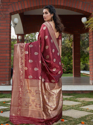 Stunning Woven Wine Banarasi Silk Saree - Rajwada