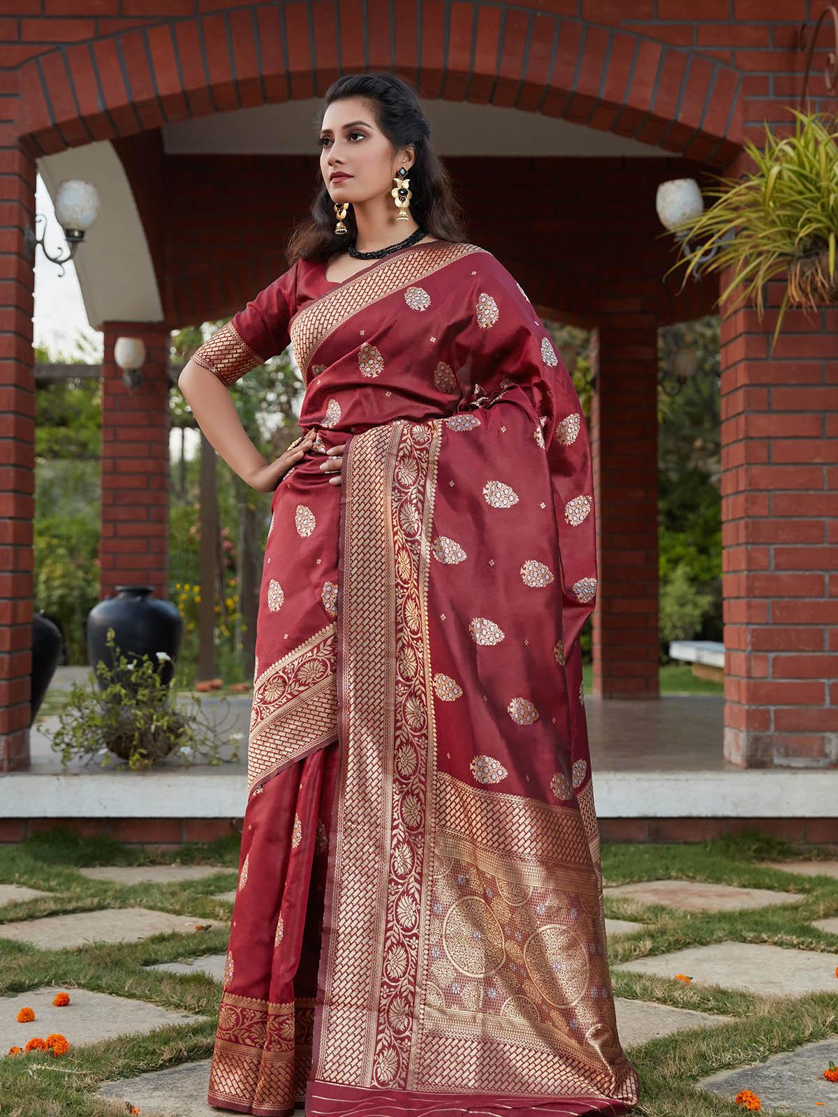 Stunning Woven Wine Banarasi Silk Saree - Rajwada