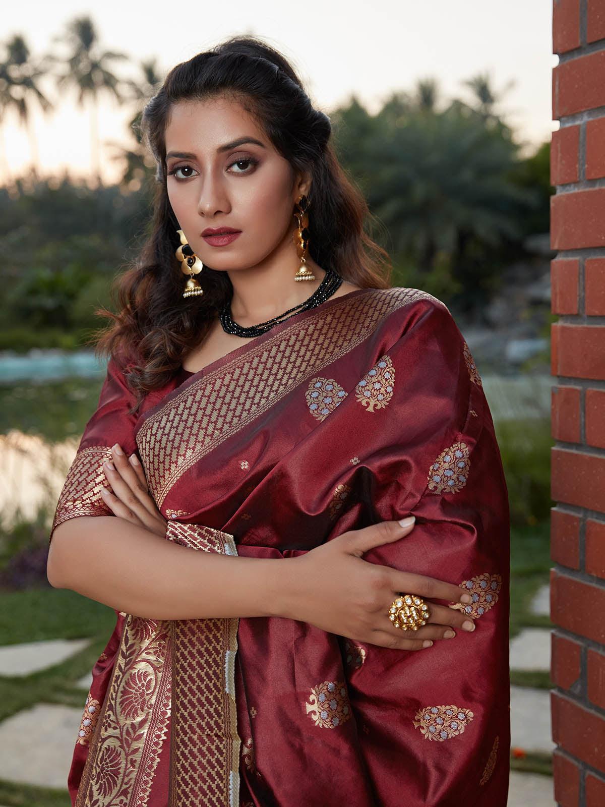 Stunning Woven Wine Banarasi Silk Saree - Rajwada