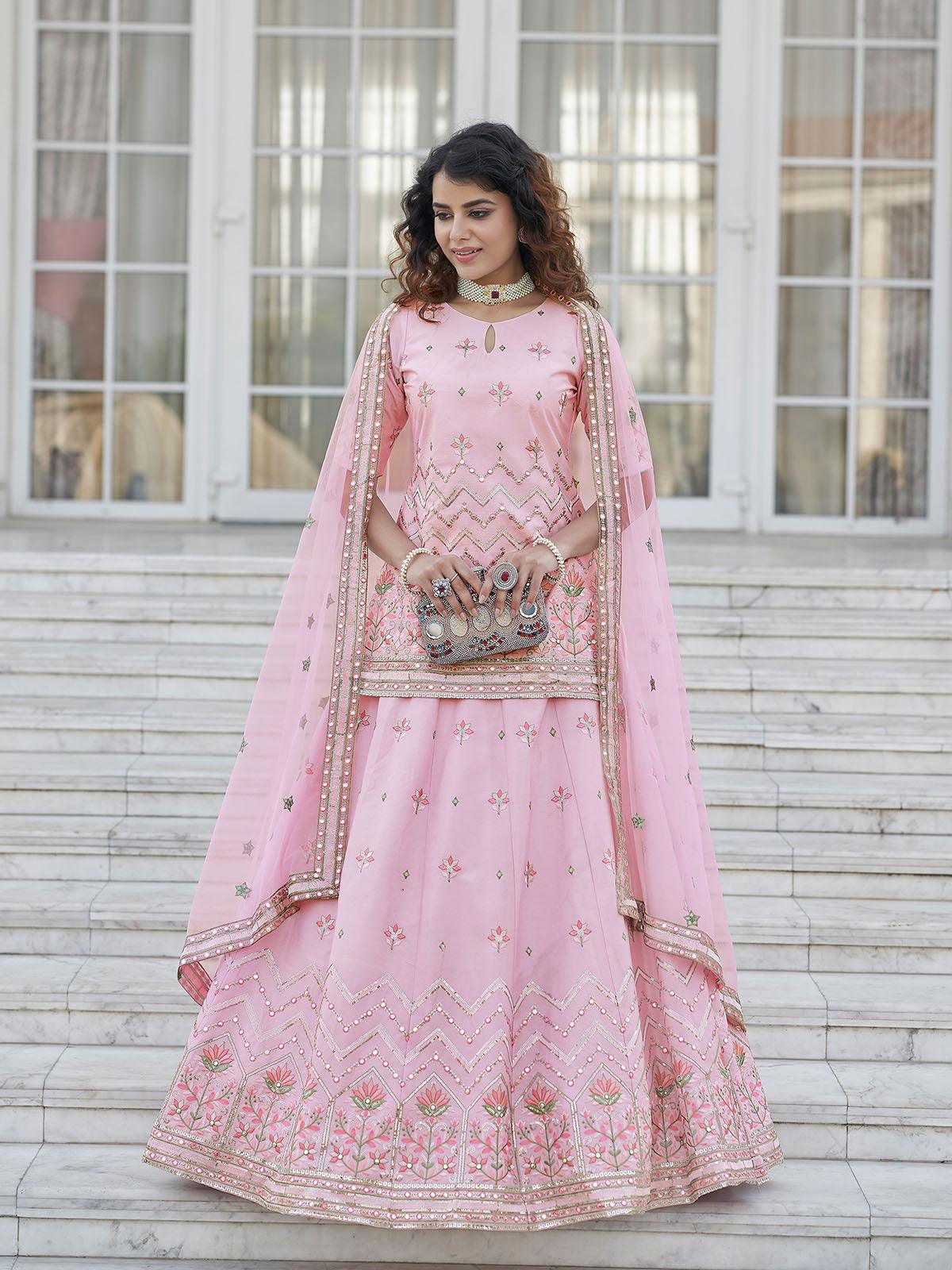 Stylish Baby Pink Chinon Chiffon Lehenga Choli Set - Rajwada