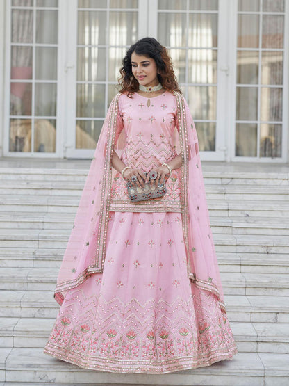 Stylish Baby Pink Chinon Chiffon Lehenga Choli Set - Rajwada