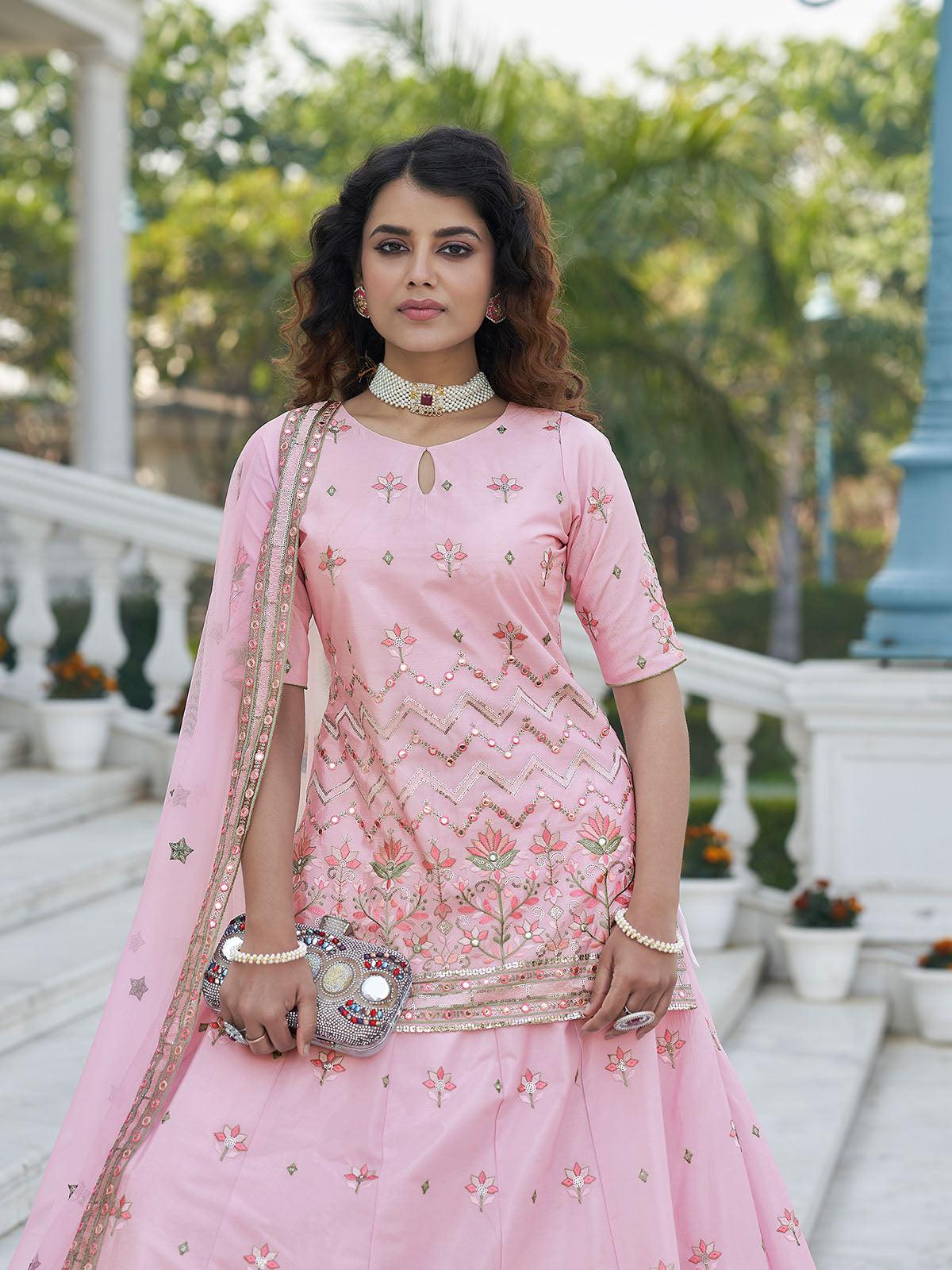 Stylish Baby Pink Chinon Chiffon Lehenga Choli Set - Rajwada