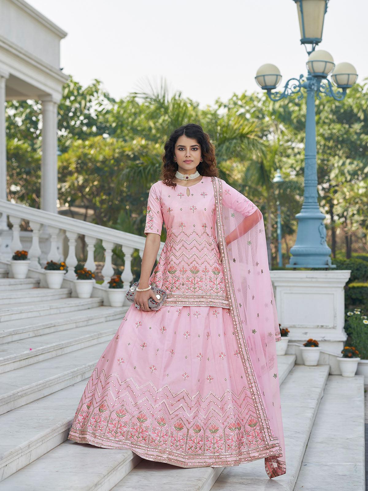 Stylish Baby Pink Chinon Chiffon Lehenga Choli Set - Rajwada
