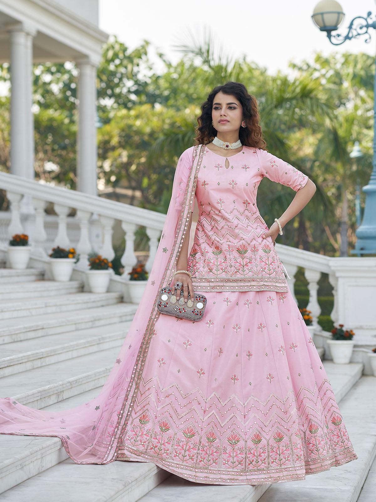 Stylish Baby Pink Chinon Chiffon Lehenga Choli Set - Rajwada