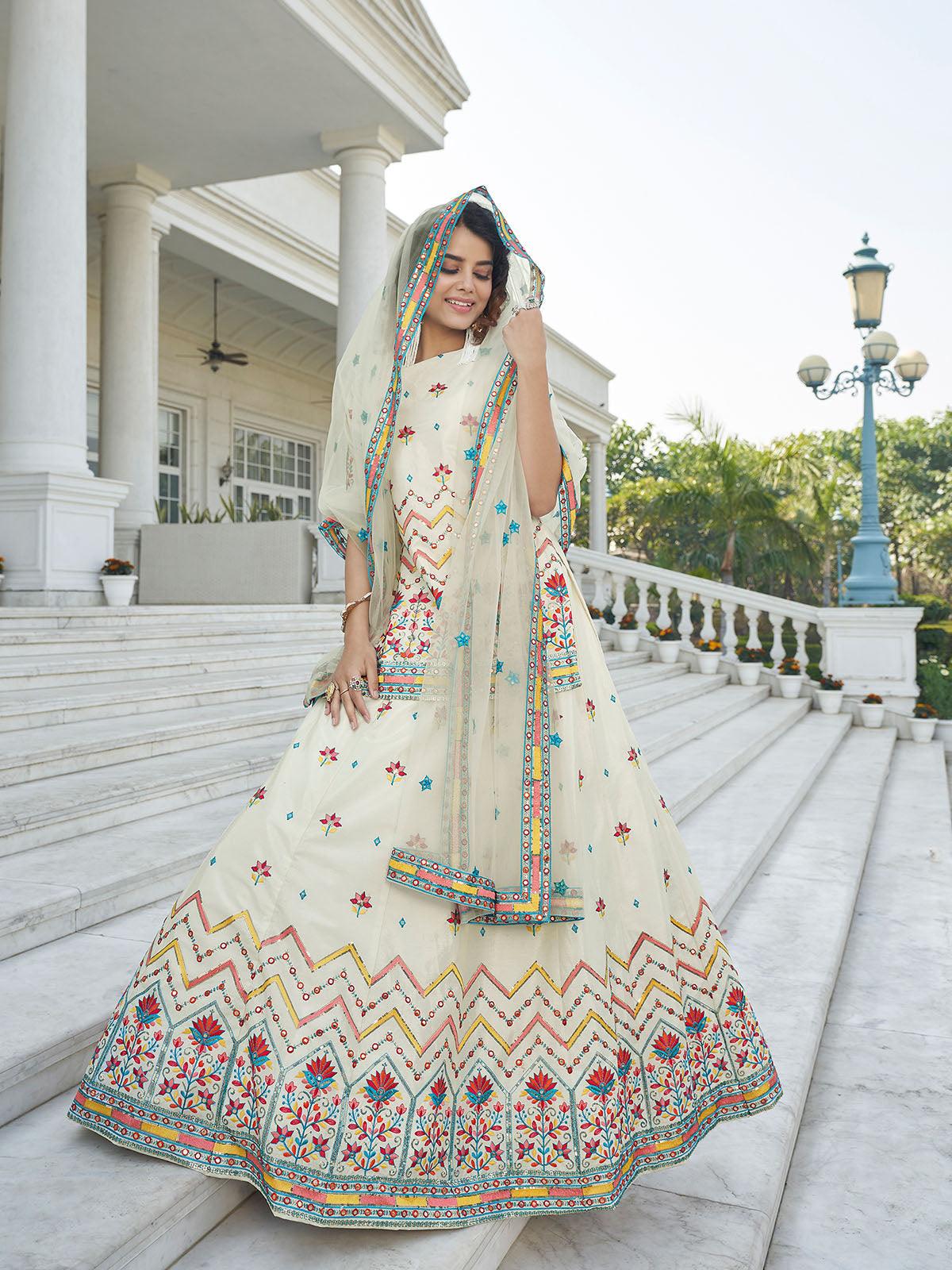 Stylish Beige Chinon Chiffon Lehenga Choli Set - Rajwada