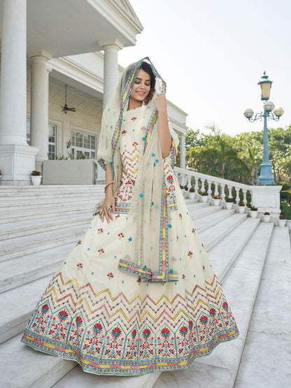 Stylish Beige Chinon Chiffon Lehenga Choli Set - Rajwada