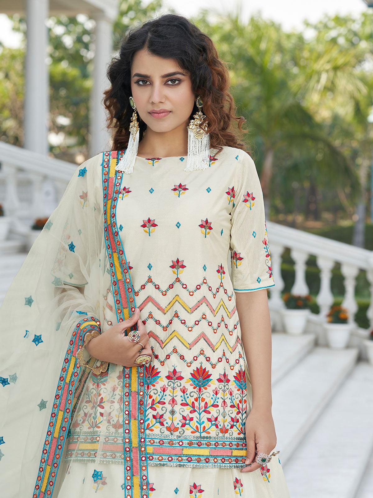 Stylish Beige Chinon Chiffon Lehenga Choli Set - Rajwada