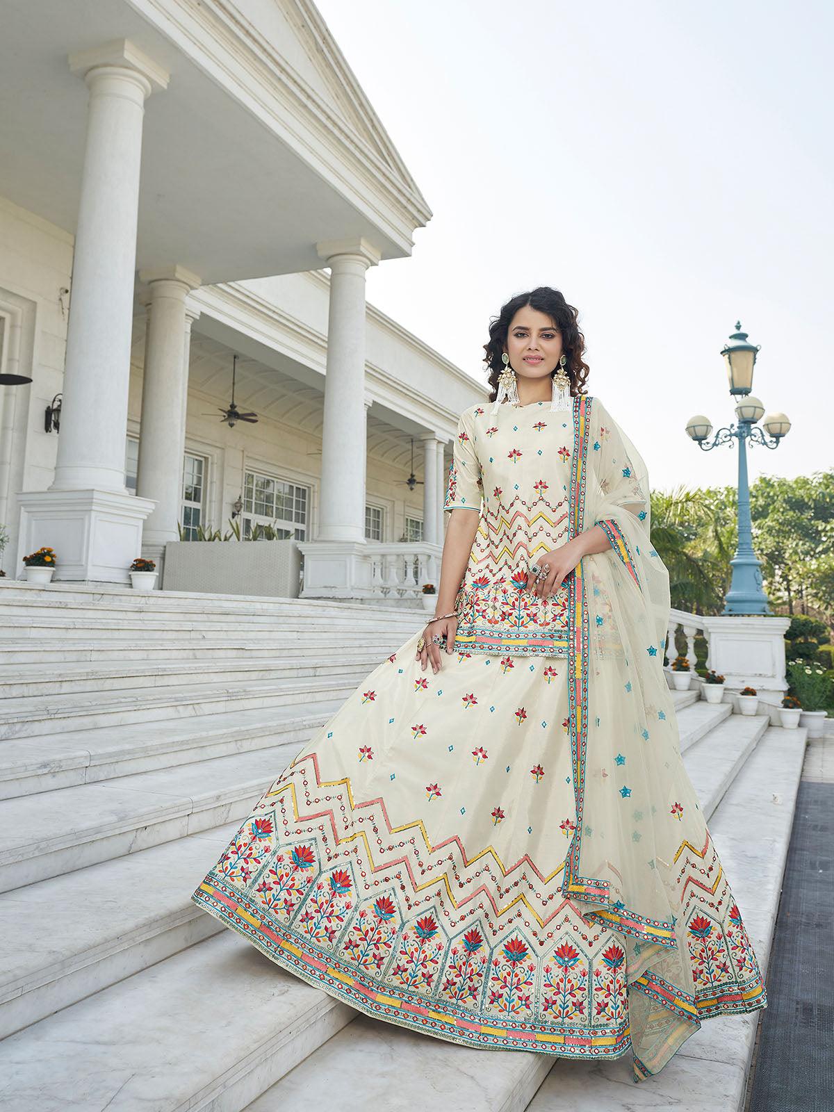 Stylish Beige Chinon Chiffon Lehenga Choli Set - Rajwada