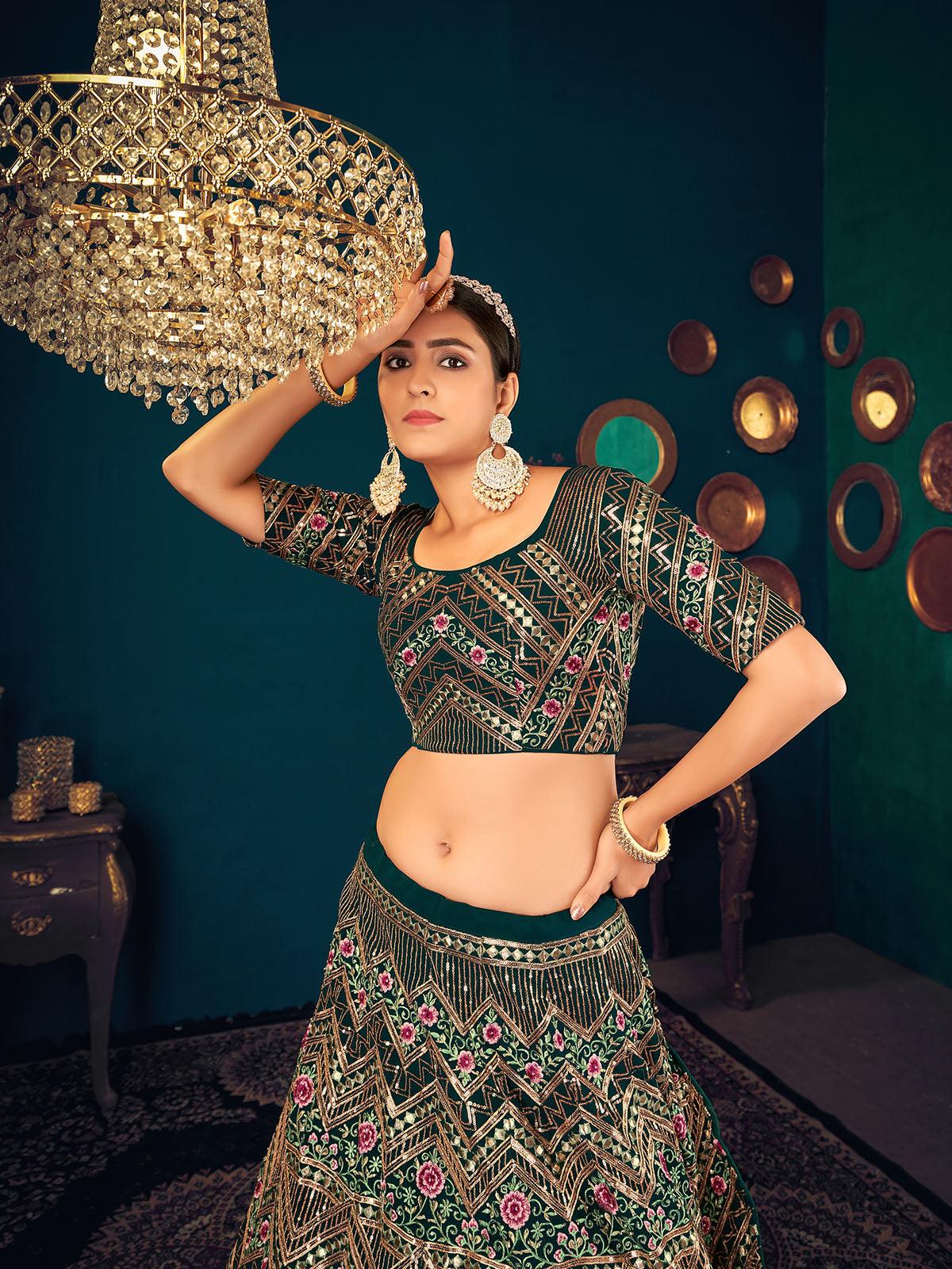 Stylish Dark Green Georgette Lehenga Set - Rajwada