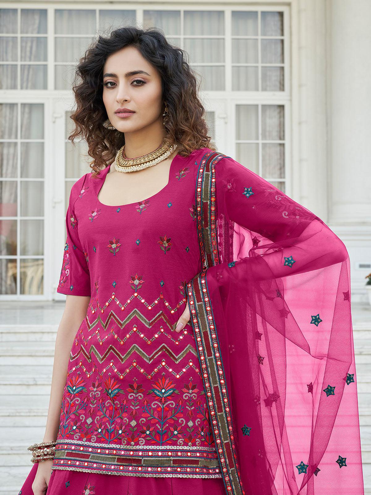 Stylish Deep Pink Chinon Chiffon Lehenga Choli Set - Rajwada