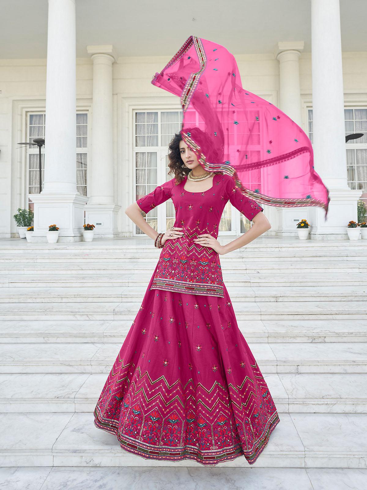 Stylish Deep Pink Chinon Chiffon Lehenga Choli Set - Rajwada