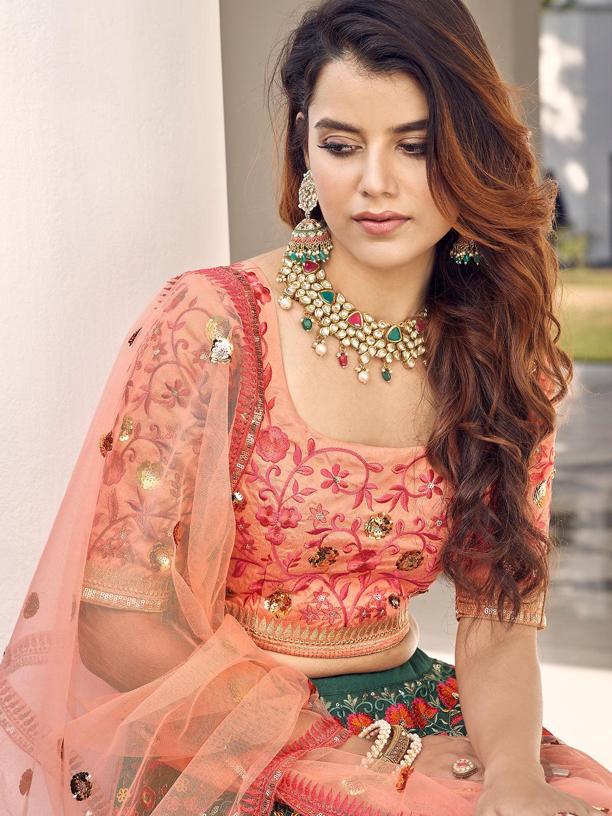 Stylish Green And Orange Art Silk Lehenga Set - Rajwada