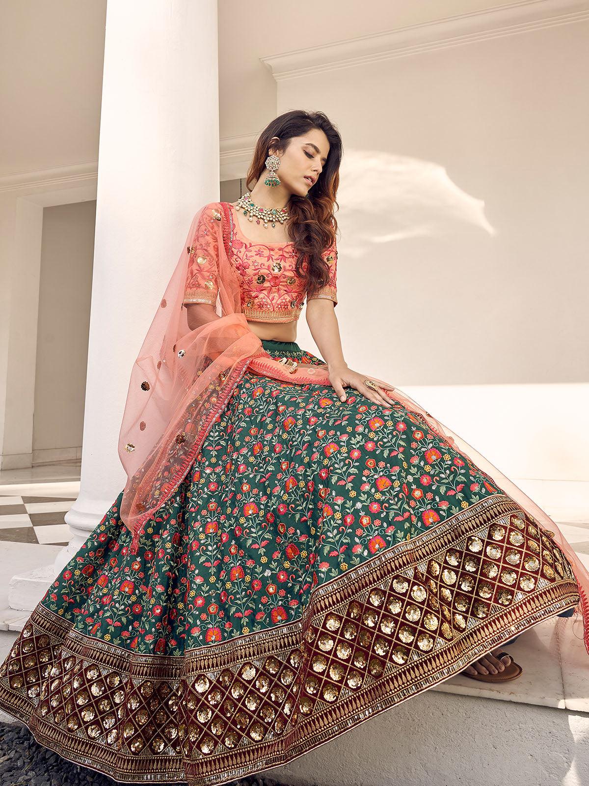 Stylish Green And Orange Art Silk Lehenga Set - Rajwada