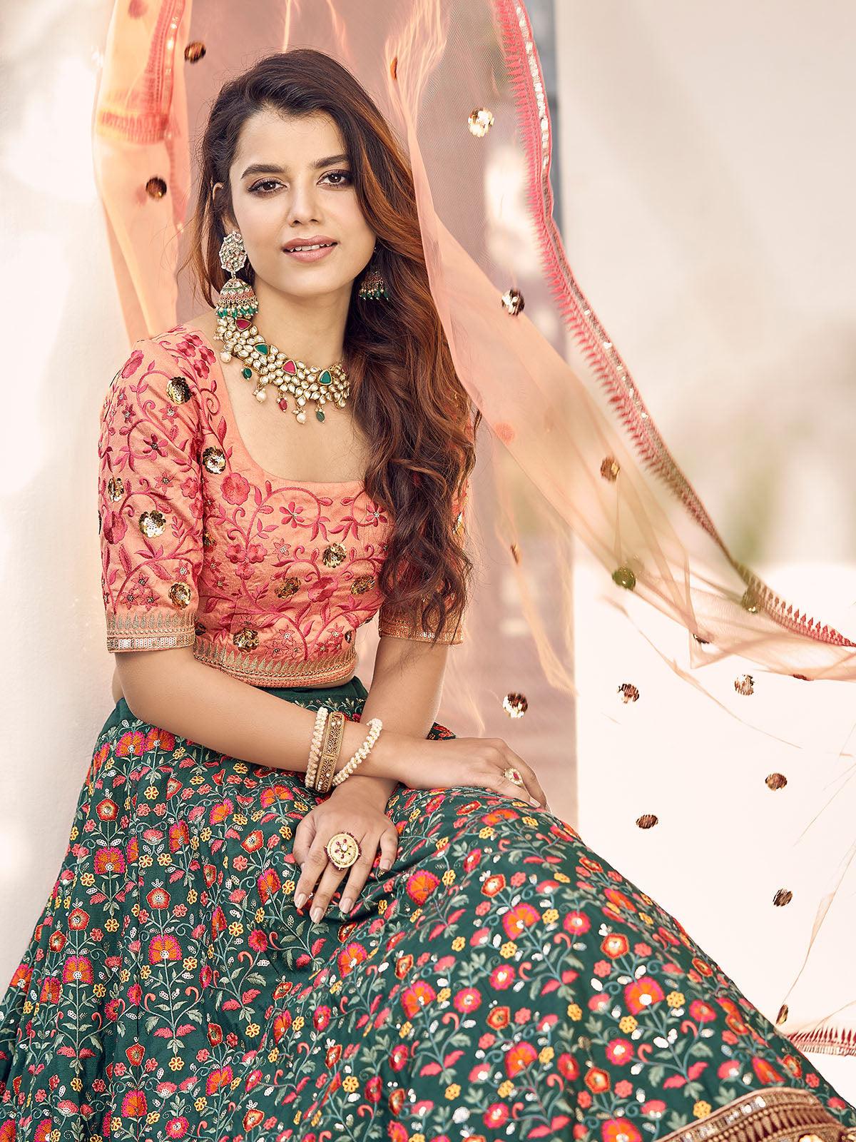 Stylish Green And Orange Art Silk Lehenga Set - Rajwada