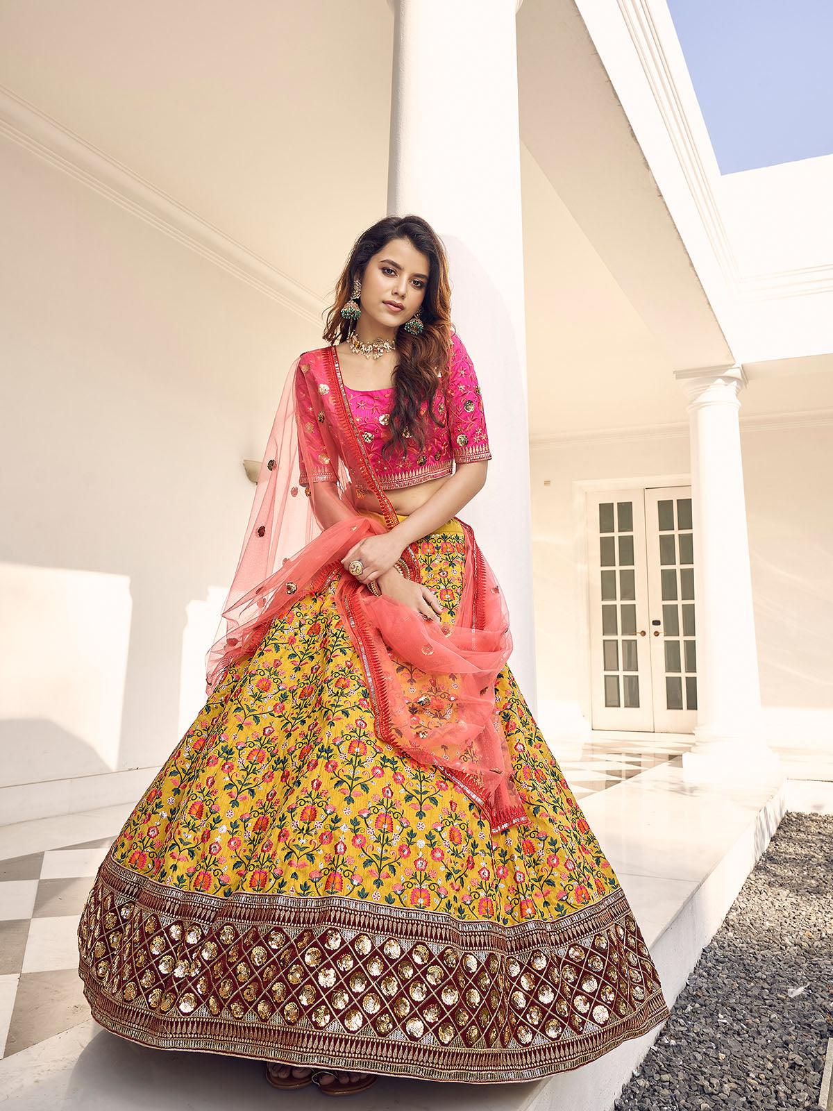 Stylish Mustard Yellow Art Silk Lehenga Set - Rajwada
