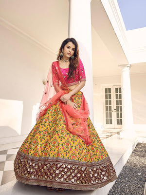 Stylish Mustard Yellow Art Silk Lehenga Set - Rajwada