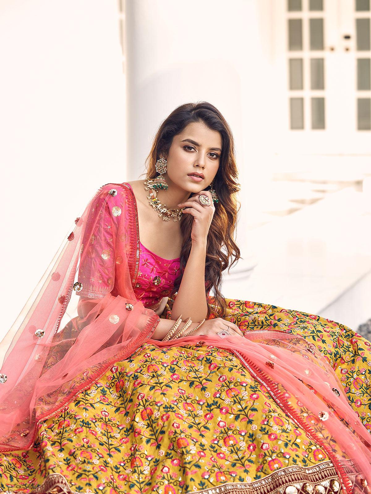 Stylish Mustard Yellow Art Silk Lehenga Set - Rajwada
