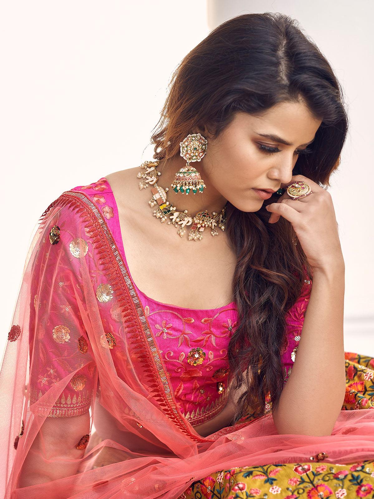 Stylish Mustard Yellow Art Silk Lehenga Set - Rajwada