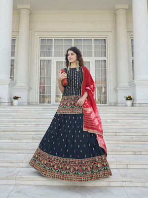 Stylish Navy Blue Chinon Chiffon Lehenga Choli Set - Rajwada