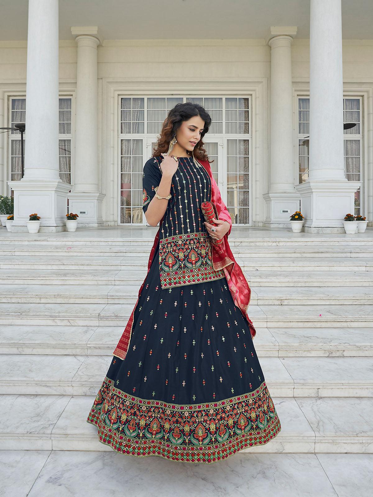 Stylish Navy Blue Chinon Chiffon Lehenga Choli Set - Rajwada