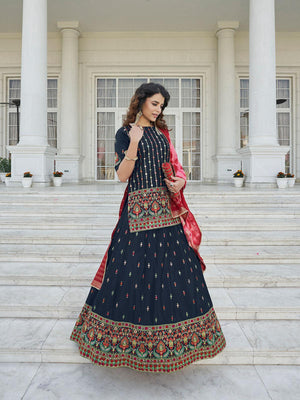 Stylish Navy Blue Chinon Chiffon Lehenga Choli Set - Rajwada