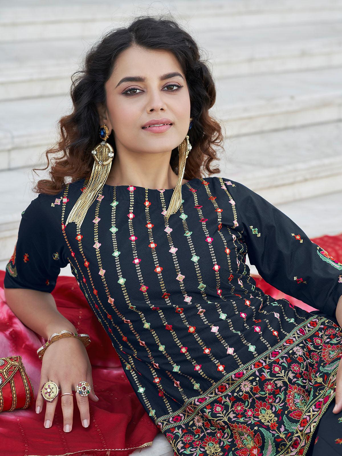 Stylish Navy Blue Chinon Chiffon Lehenga Choli Set - Rajwada