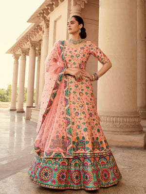 Stylish Peach Art Silk Lehenga Choli Set - Rajwada