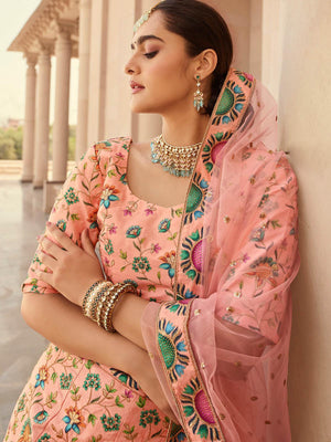 Stylish Peach Art Silk Lehenga Choli Set - Rajwada