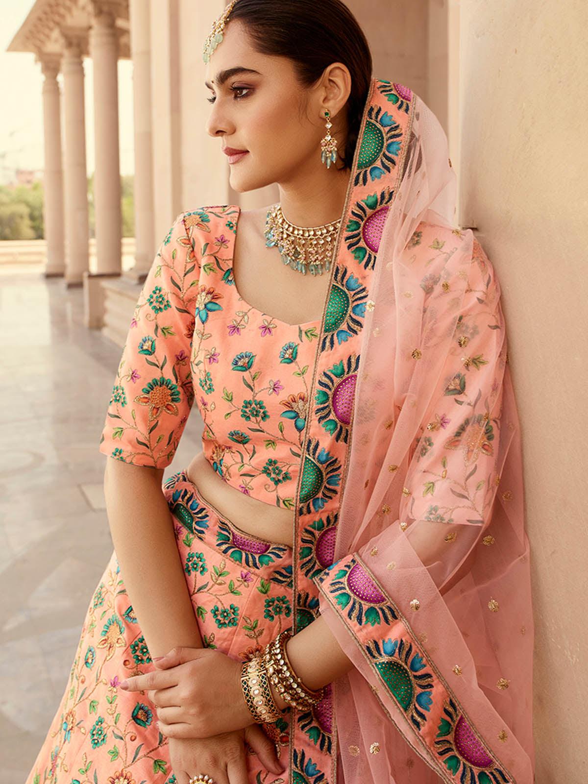 Stylish Peach Art Silk Lehenga Choli Set - Rajwada