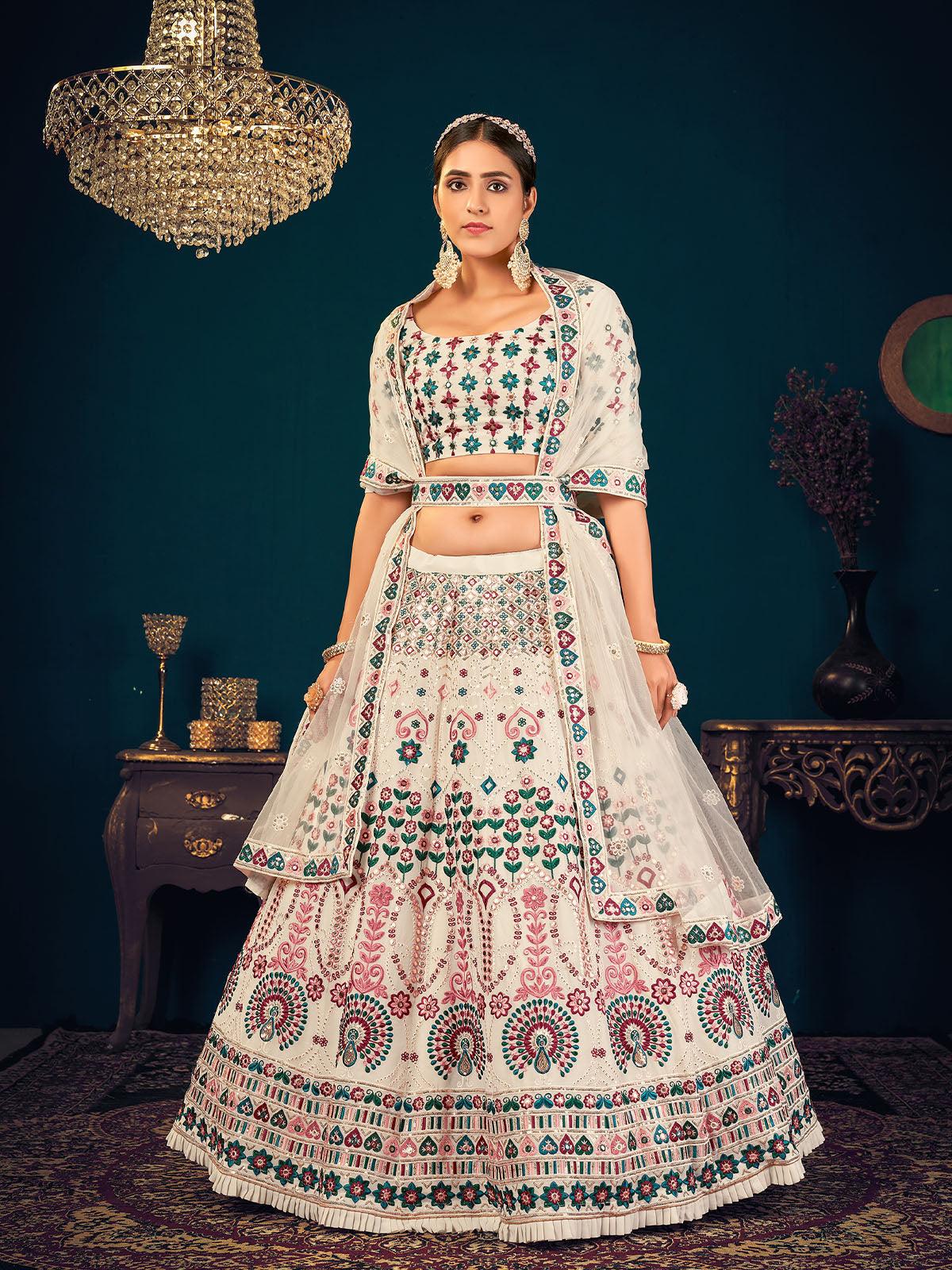 Stylish Pearl White Georgette Lehenga Set - Rajwada