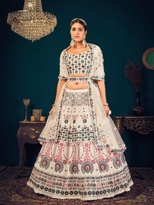 Stylish Pearl White Georgette Lehenga Set - Rajwada