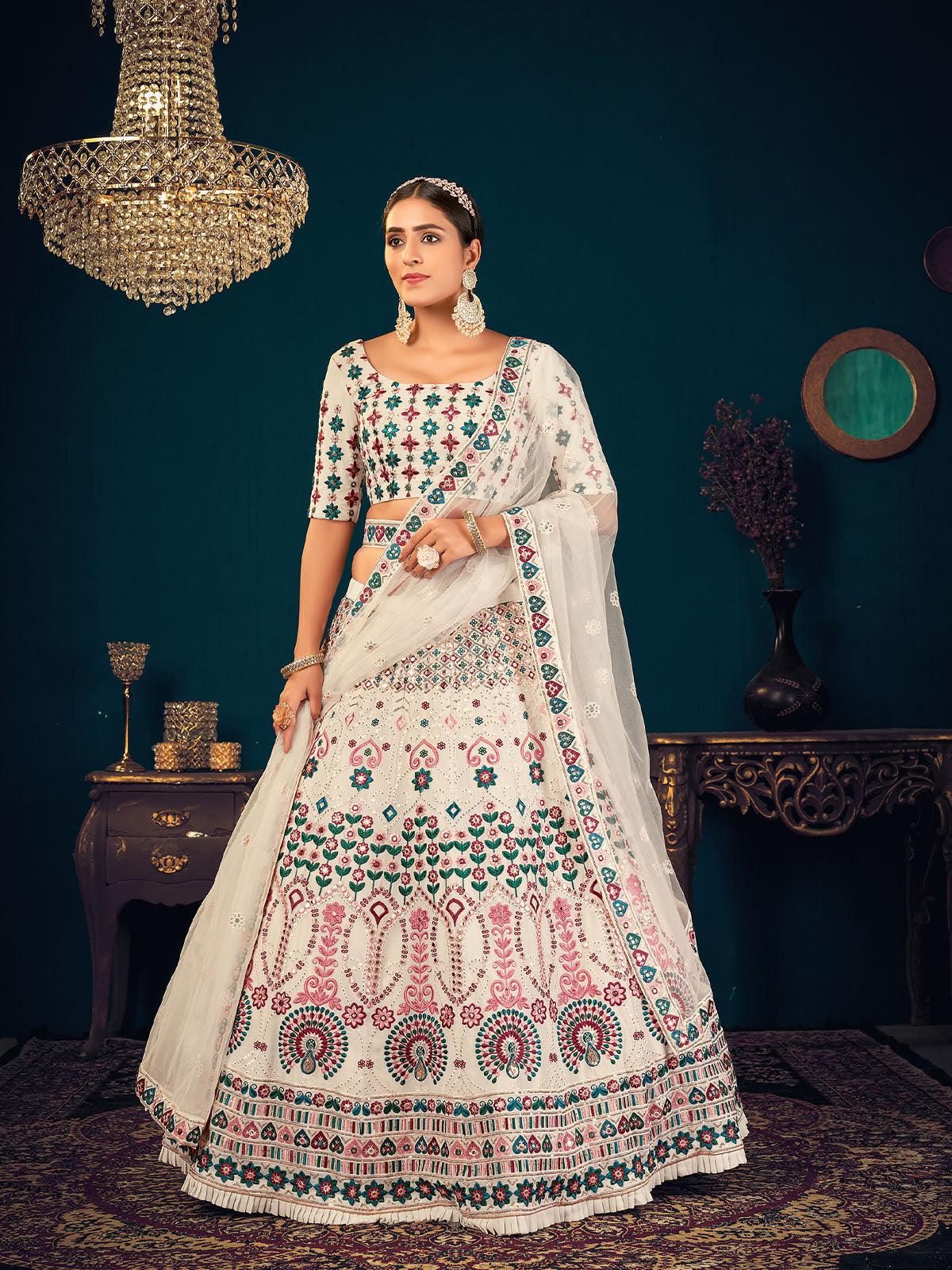Stylish Pearl White Georgette Lehenga Set - Rajwada