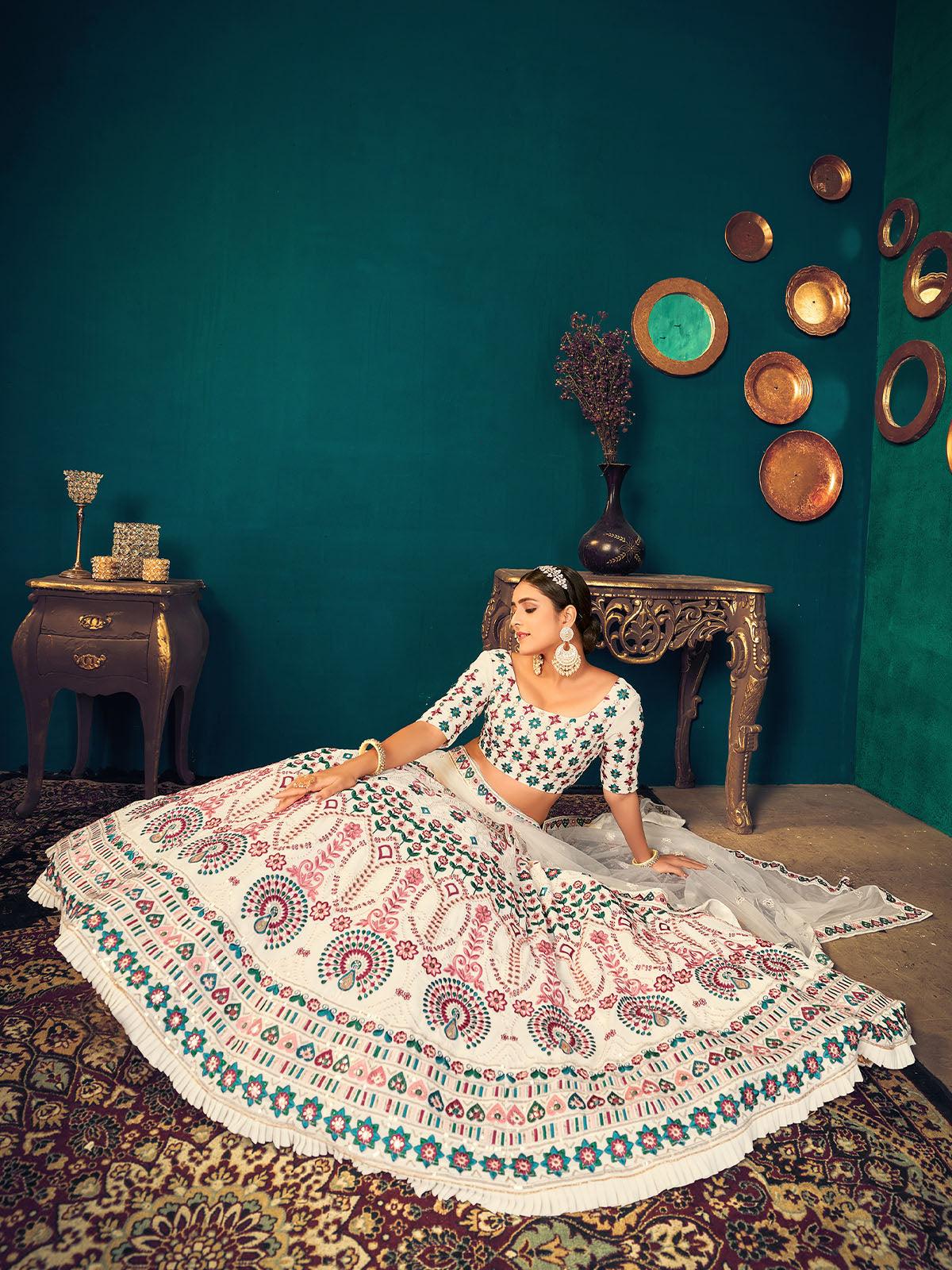 Stylish Pearl White Georgette Lehenga Set - Rajwada