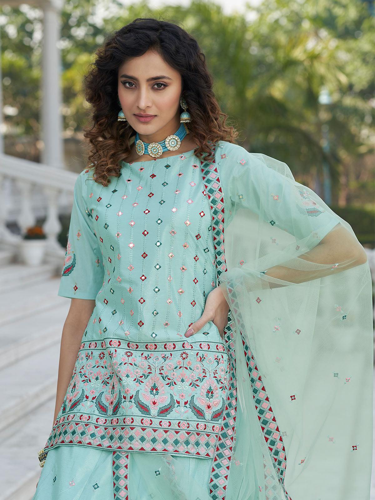 Stylish Sky Blue Chinon Chiffon Lehenga Choli Set - Rajwada