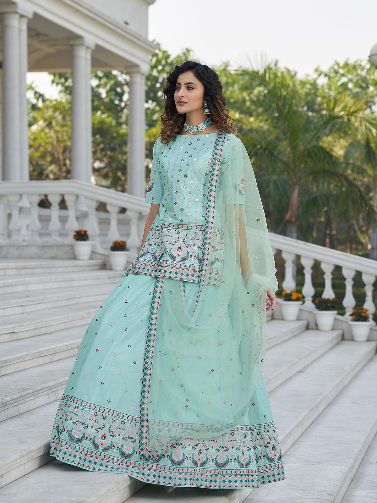 Stylish Sky Blue Chinon Chiffon Lehenga Choli Set - Rajwada