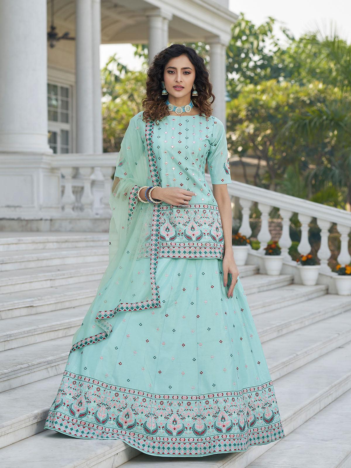 Stylish Sky Blue Chinon Chiffon Lehenga Choli Set - Rajwada