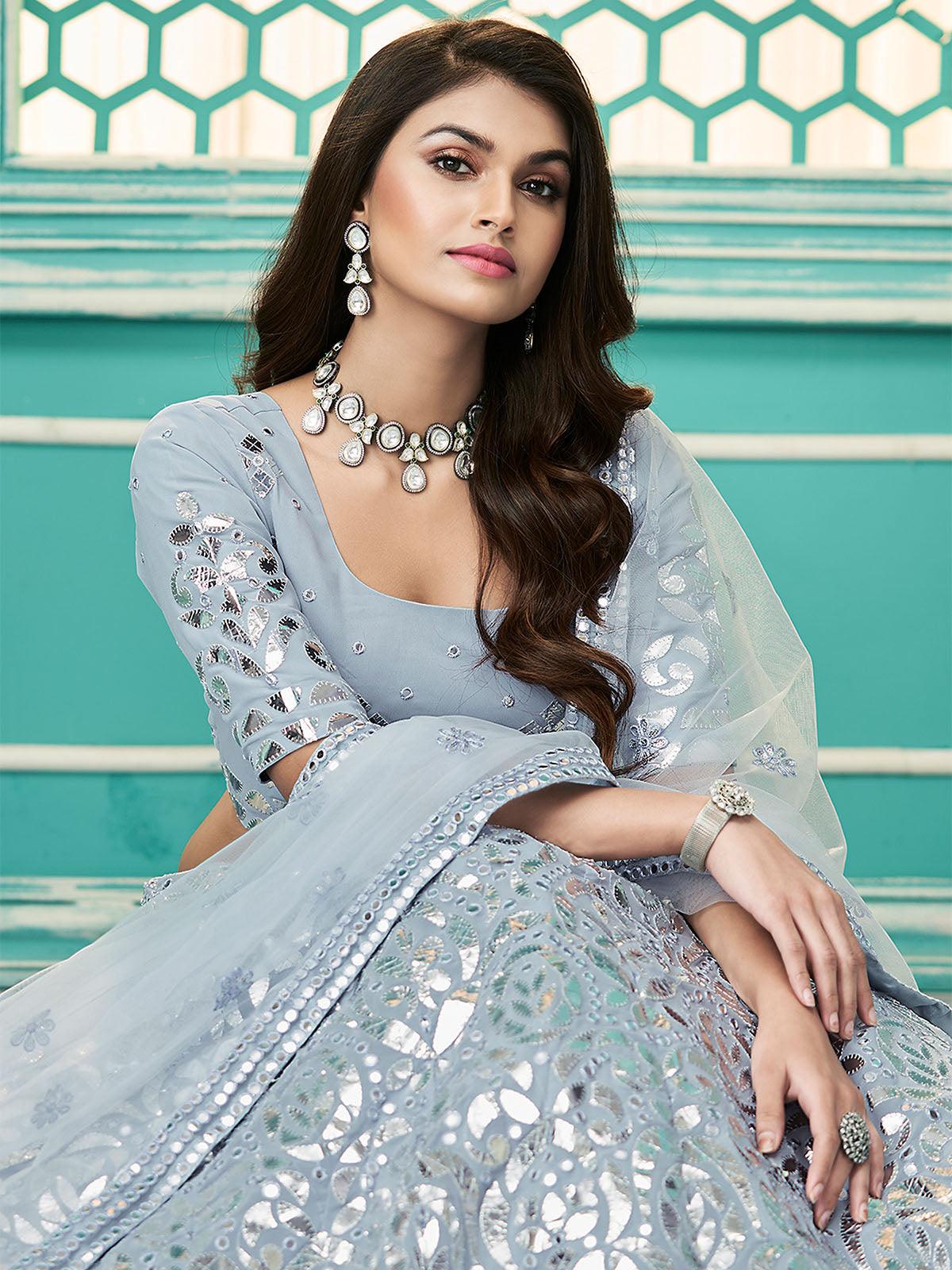 Stylish Sky Blue Georgette Lehenga Set - Rajwada