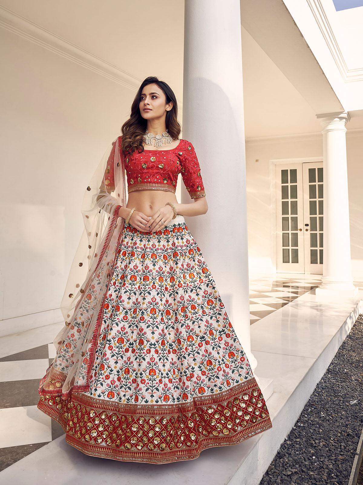 Stylish White And Red Art Silk Lehenga Set - Rajwada