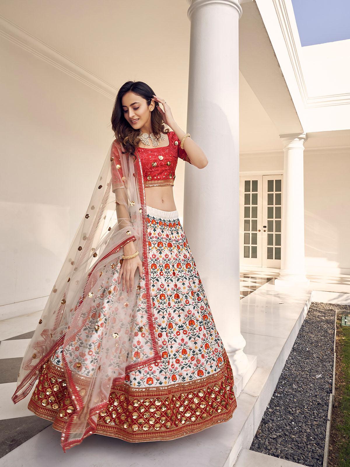 Stylish White And Red Art Silk Lehenga Set - Rajwada