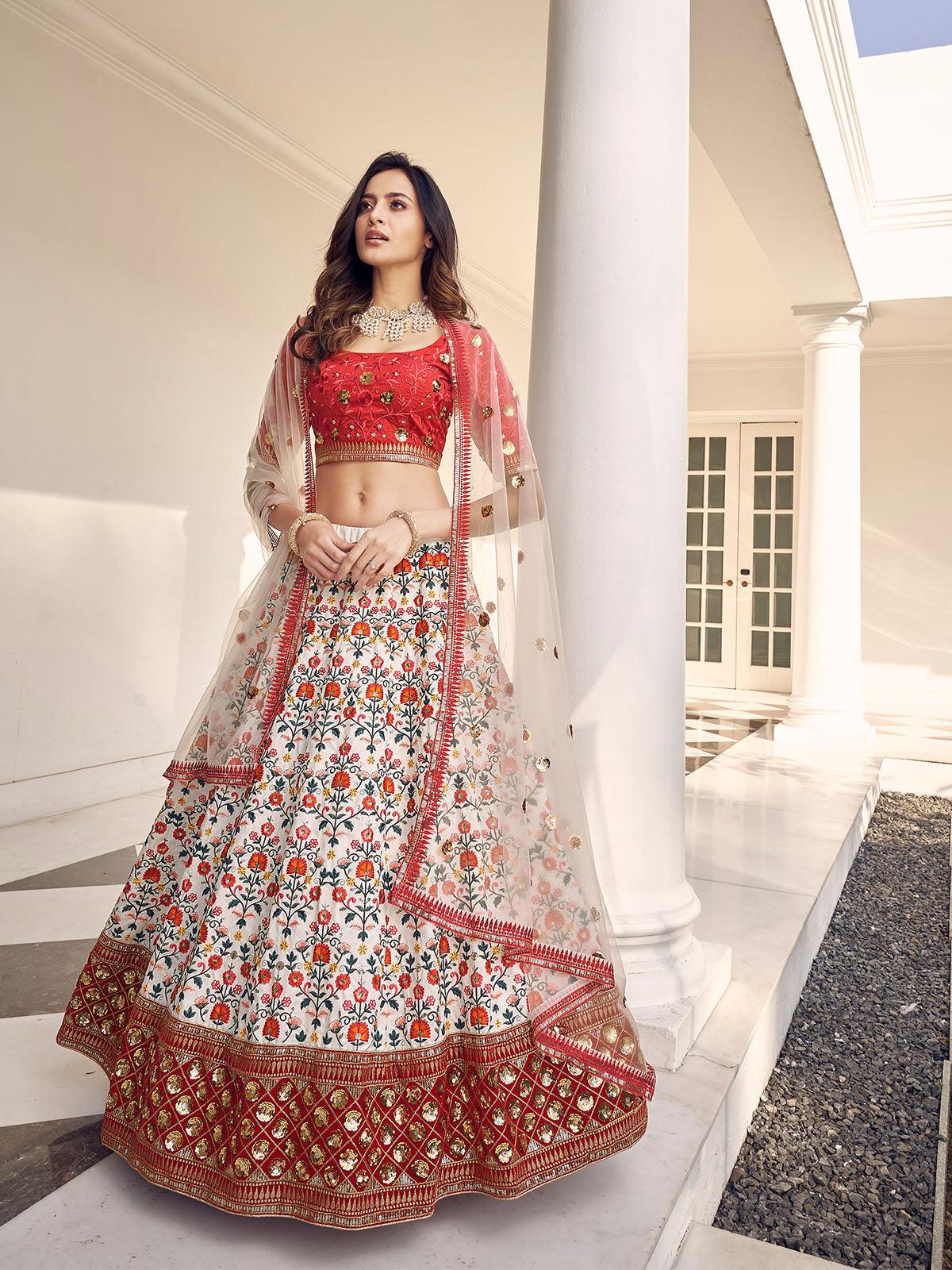 Stylish White And Red Art Silk Lehenga Set - Rajwada