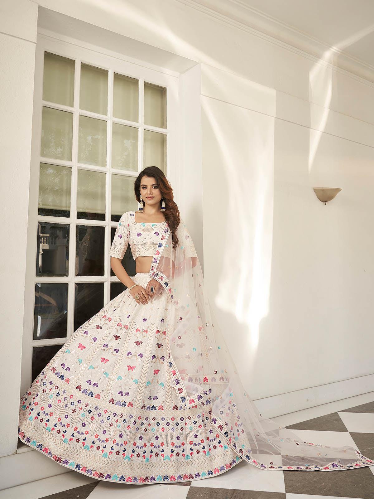 Stylish White Silk Lehenga Choli Set - Rajwada
